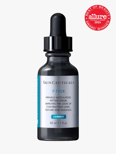 SkinCeuticals P-TIOX in branded black bottle with black pipette on light gray background with red Allure Best of Beauty seal in the top right corner