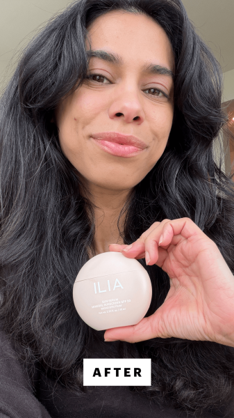 Shipin after applying the Ilia Sun Serum Mineral Sunscreen SPF 50