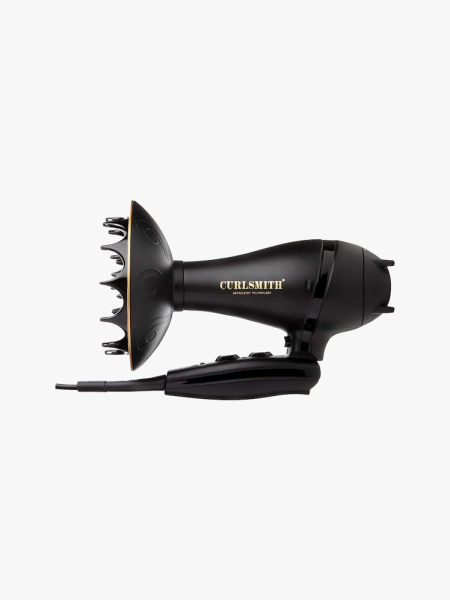 Curlsmith Defrizzion Hair Dryer and Diffuser in branded component on a light gray background