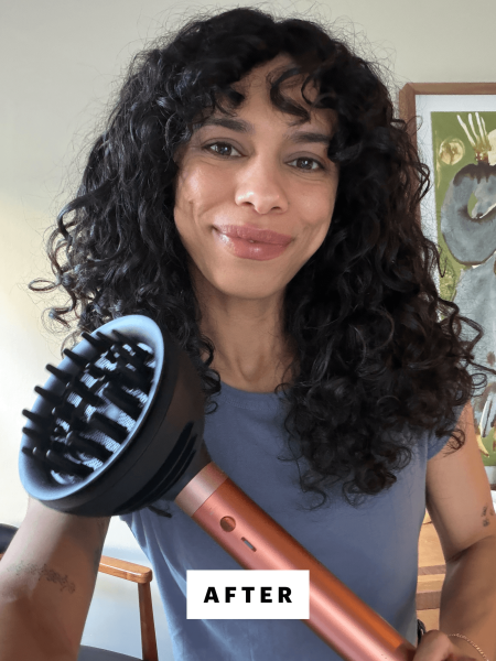 A selfie of Allure senior commerce director Shanna Shipin after using the Dyson Airwrap WaveCurl Diffuser Attachment