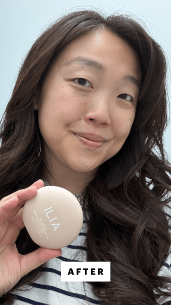 Lee after applying the Ilia Sun Serum Mineral Sunscreen SPF 50